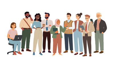 Fototapeta premium Business team. Group of diverse entrepreneurs. Office workers, corporate group of happy colleagues, employees, professionals, coworkers. Flat vector illustration on white background