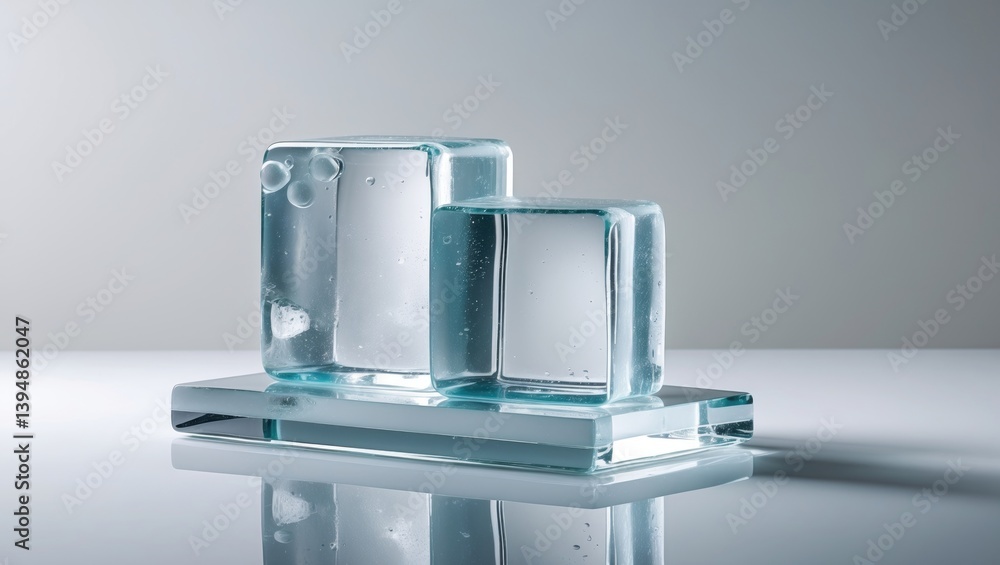 Poster Stacked crystal ice blocks in a rectangular shape on a reflective surface with a white background.