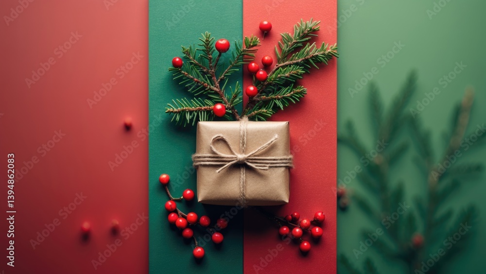 Poster design a gift box with a spruce branch and red berries set against a background. eco-conscious conce
