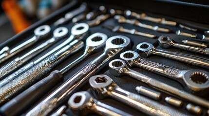 High-resolution close-up of chrome-finished mechanic tools neatly arranged in a rugged toolbox, reflecting precision and craftsmanship.