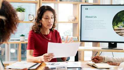 Business, woman and document for climate change in office, planning and idea of environment...