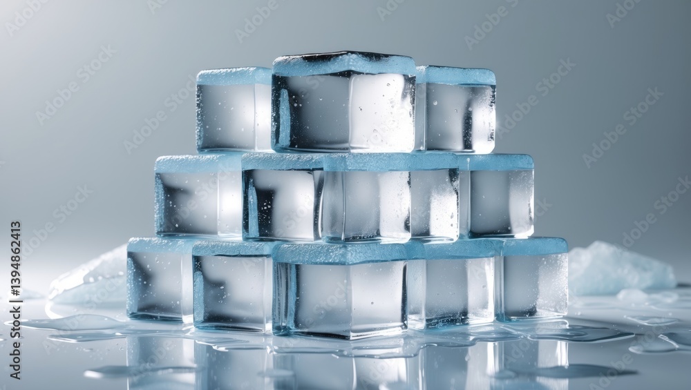 Poster natural textured clear ice cubes on a reflective white surface.