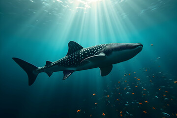Fototapeta premium A Majestic Whale Shark Amidst a School of Vibrant Fish, A Glimpse into the Serene Beauty of Marine Life and the wonders of underwater ecosystems revealed