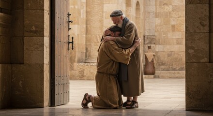Fototapeta premium Man kneeling before elderly father in biblical scene. Prodigal son returns home. Concept of forgiveness and reunion for greeting card and religious theme