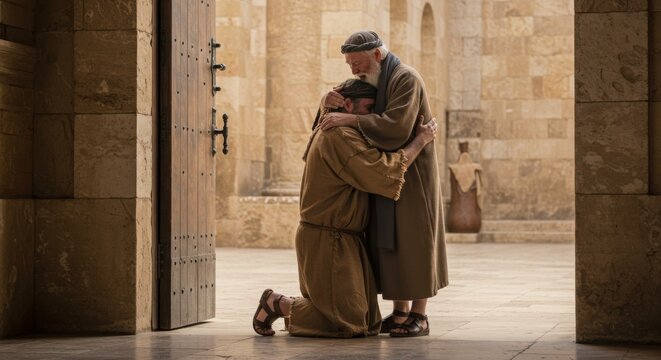 Man kneeling before elderly father in biblical scene. Prodigal son returns home. Concept of forgiveness and reunion for greeting card and religious theme