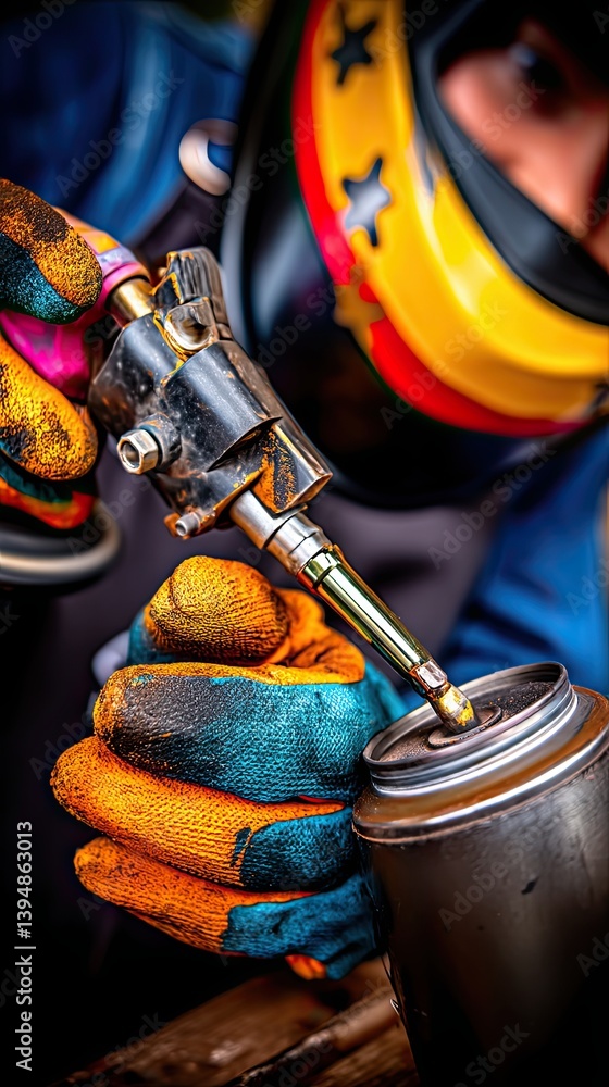 Poster skilled craftsman wearing helmet and gloves using airbrush tool on metal can in workshop, focusing o