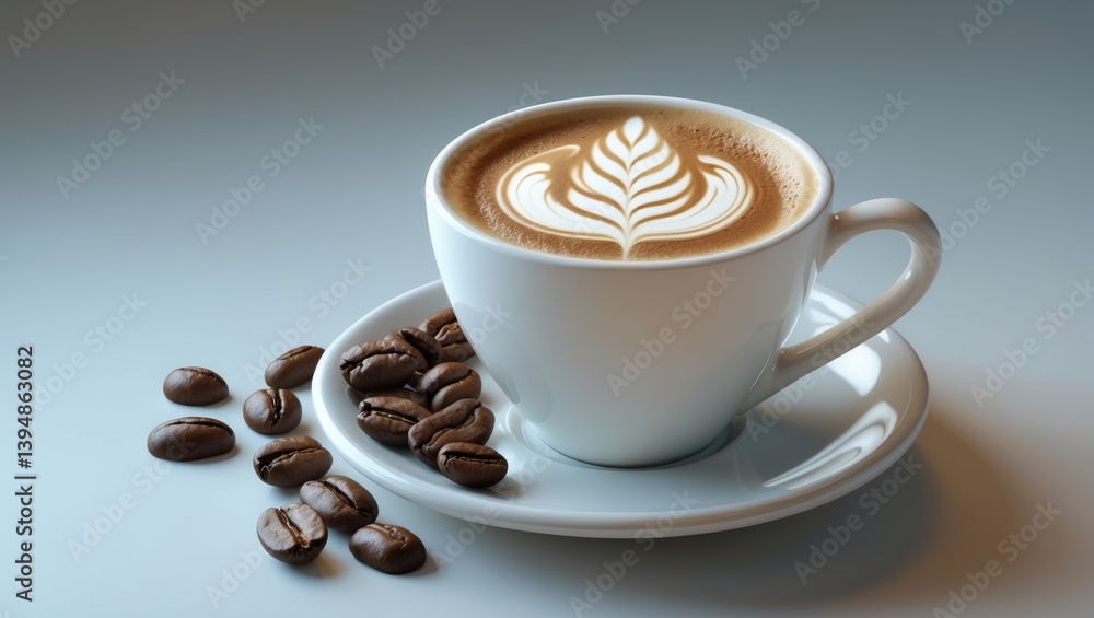 Poster Isolated coffee beans and latte in a cup on a background