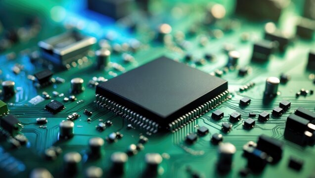Green circuit board containing a black IC chip and various small electronic devices, reflecting technology, hardware, and electrical engineering.