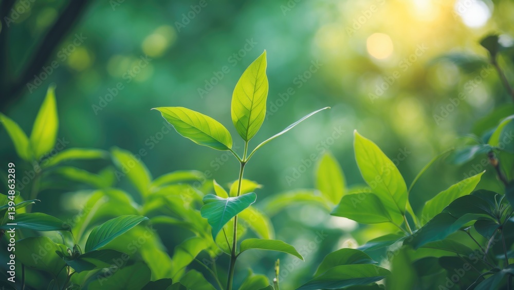 Poster Intimate perspective of a lush green leaf on a softly blurred green garden background with ample copy space, highlighting natural plant landscapes, ecology, and fresh wallpaper themes.