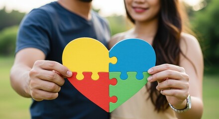 Asian man and asian woman holding a heart puzzle for autism awareness and love. Autism concept for support of autistic people and social inclusion campaign