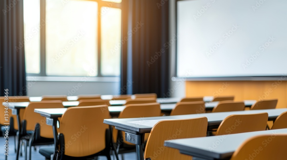 Poster empty classroom with projector and chairs, awaiting the buzz of learning knowledge
