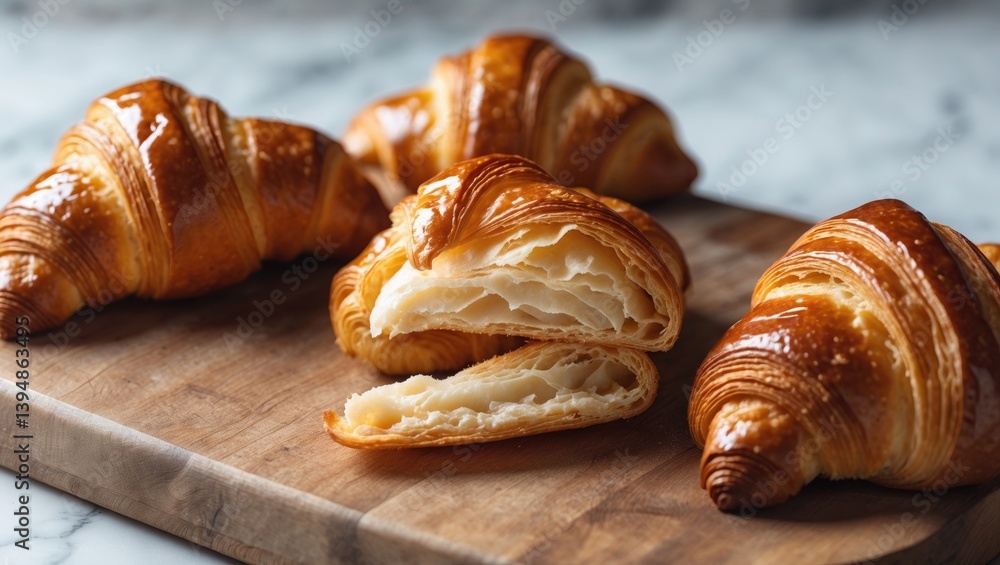 Poster closeup image of a croissant against a backdrop, showcasing its interior, sliced open