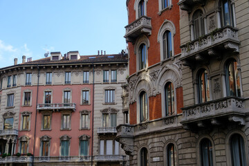 Old residential buildings along via Mascheroni in Milan, Italy