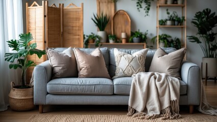 Warm grey sofa and a basket filled with a cozy blanket in a light-filled living space
