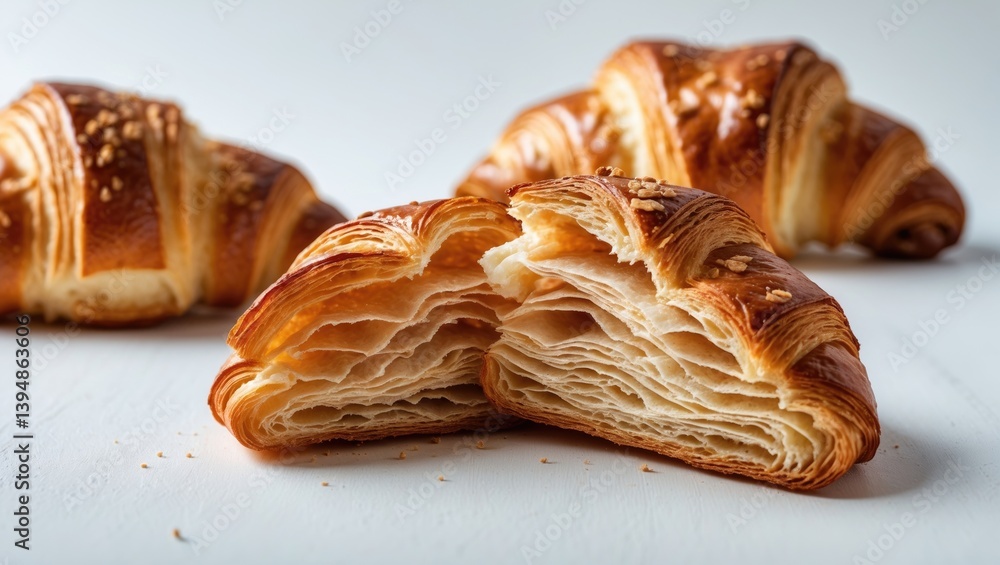 Poster croissant split in half revealing inside texture and slim crisp layers. light background.