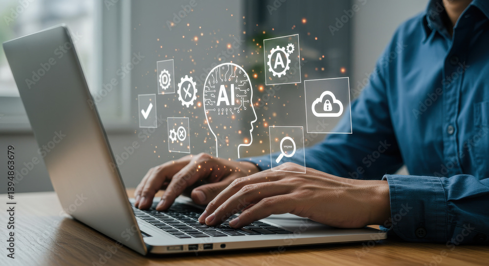 Poster ai-powered productivity: man typing on laptop with ai icons & secure cloud. future tech, automation 