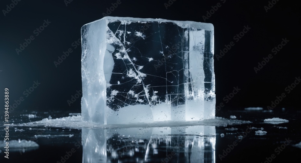 Poster Frosted crystal ice block with visible cracks on a shiny surface.