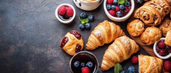 Delicious croissants and pastries with fresh berries and jam on a dark stone background perfect for breakfast or brunch high angle shot