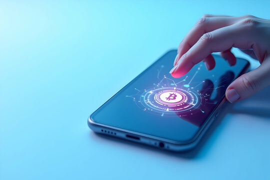 A modern smartphone with a sleek metallic design displays a digital cryptocurrency interface being operated by a person's fingers with crypto currency concept