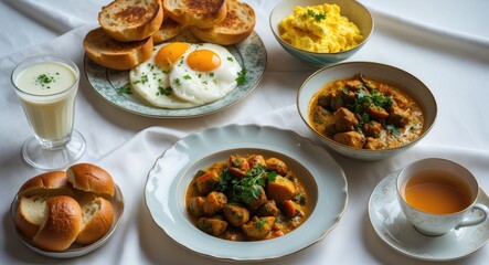 Intimate view of a bright and filling breakfast layout, presenting a variety of scrumptious dishes.