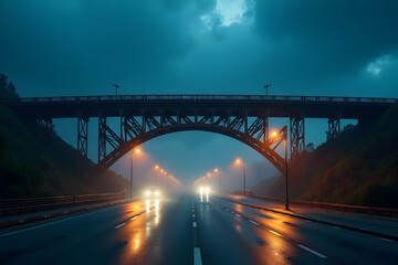 Obraz premium A Moody Atmospheric Scene of a Bridge at Twilight with Car Lights Streaking Across the Wet Pavement and a Dramatic Sky Above Creating a Sense of Mystery