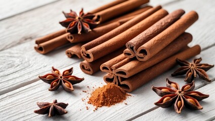 Ceylon cinnamon sticks accompanied by anise on a wooden textured surface. Spicy flavor for desserts, baking, and beverages. Fragrant ground cinnamon. Text area. Copy space.