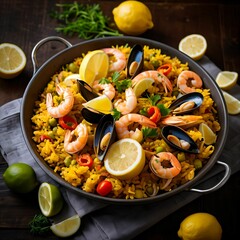 Spanish paella with seafood and lemon wedges, close-up shot" – A colorful close-up shot of a traditional Spanish seafood paella, garnished with fresh lemon wedges