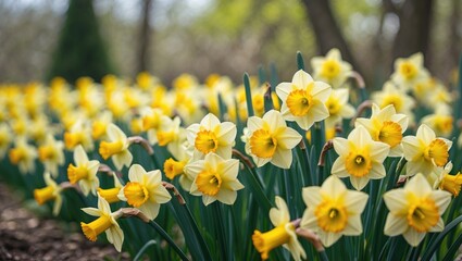 Obraz premium Close-up view of a cluster of yellow daffodils blooming in a flower border