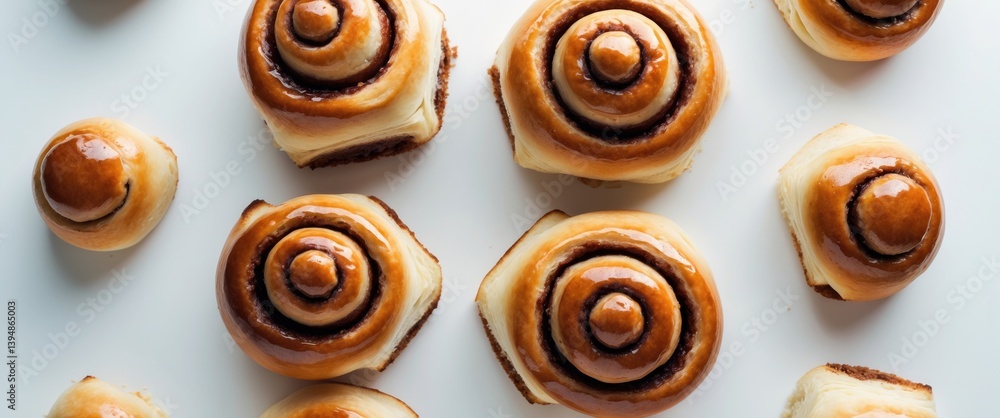 Aufkleber innovative setup of cinnamon bun treats on a light backdrop. top view. culinary design.