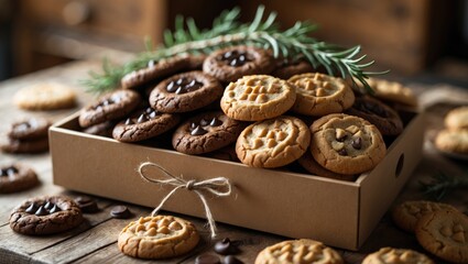Fototapeta premium Eco-friendly brown box showcasing a close-up of original cookies with chocolate sea salt