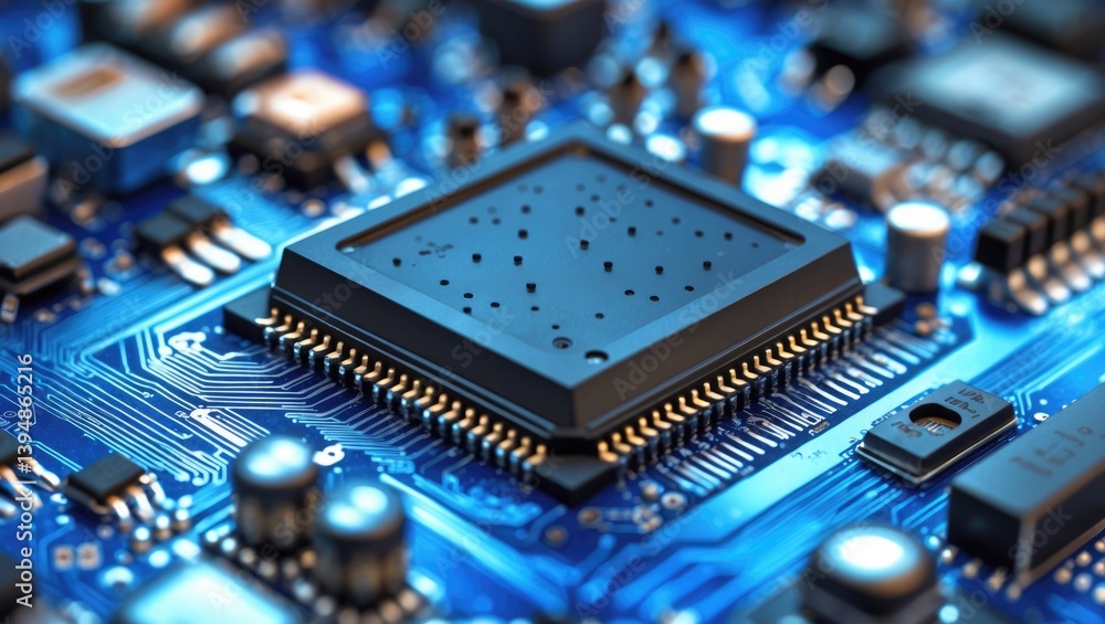 Aufkleber blue circuit board featuring an integrated semiconductor microchip as a representation of computer s