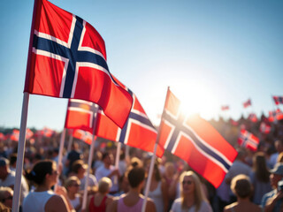 Crowd celebrating Norwegian National Day, waving vibrant flags under a bright sun. Joyful people gathering together, showcasing pride and unity in a festive atmosphere on May 17
