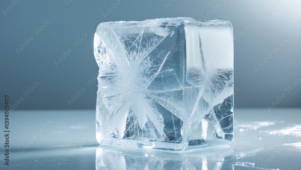 Poster Transparent frosty textured natural ice block with fissures on a shining glossy surface.