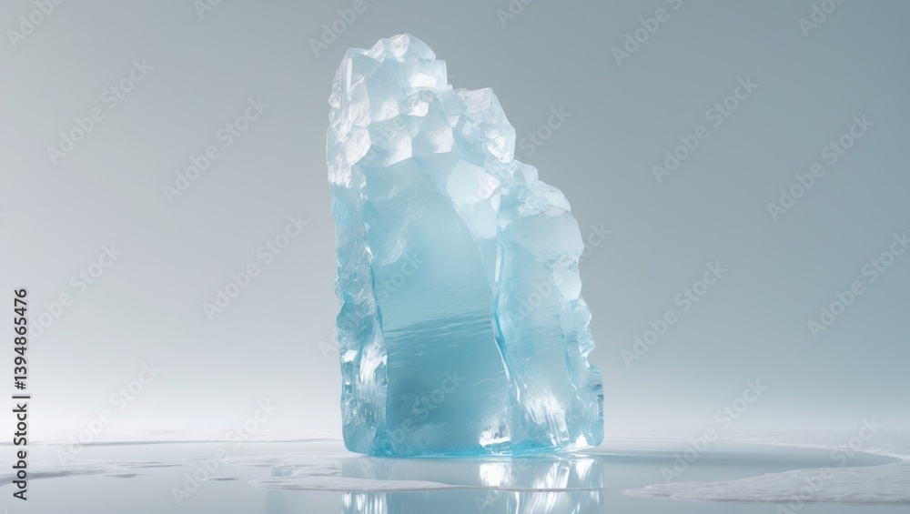 Poster Lucid rough ice block in soft blue tones placed on a white glossy surface.