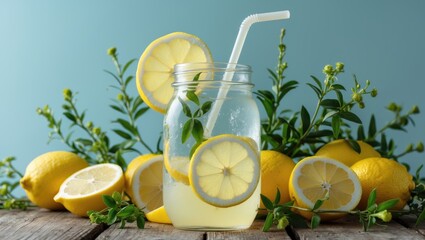 Fototapeta premium Refreshing citrus lemonade with sliced lemons, a healthy detox water beverage for summer on a wooden table with a scenic backdrop