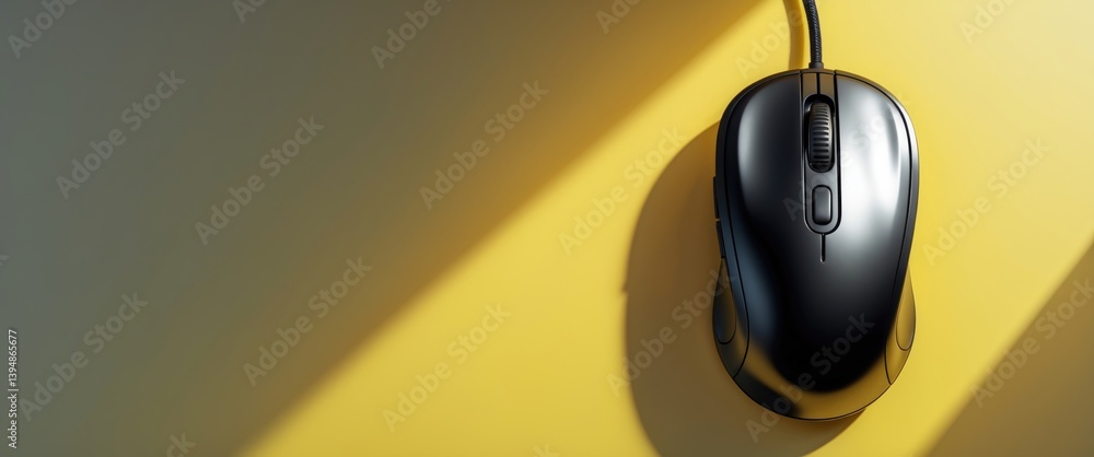Fototapete black corded computer mouse with scroll wheel on a table surface background that has room for copy, 