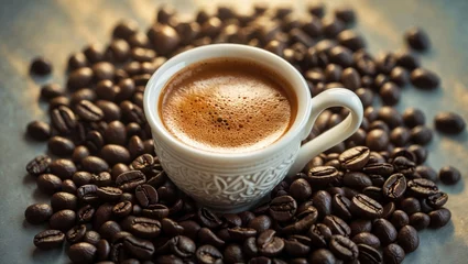  A cup of coffee placed on coffee beans. Guide to brewing delicious coffee. © CryptoCanvas