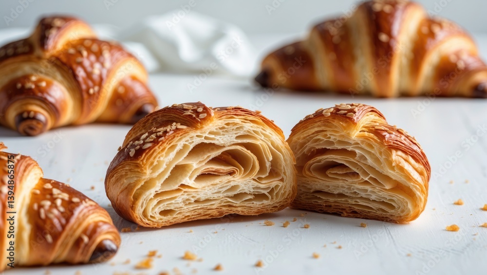 Poster Croissant Cut in Two Displaying Inner Texture and Thin Crispy Layers. Light Setting.