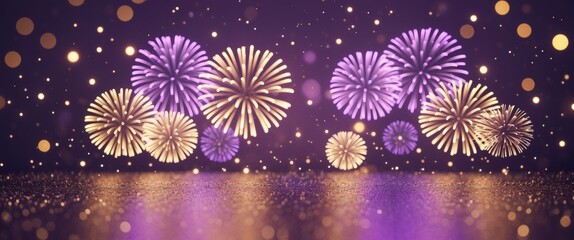 Holiday-themed abstract background showcasing gold and purple fireworks with bokeh and room for text.