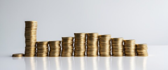 Isolated gold towers constructed from coins on a white surface