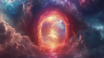 Obraz premium Surreal Cosmic Portal in a Glowing Universe with Vivid Colors and Mystical Clouds at Sunset for Dreamy and Imaginative Conceptual Art