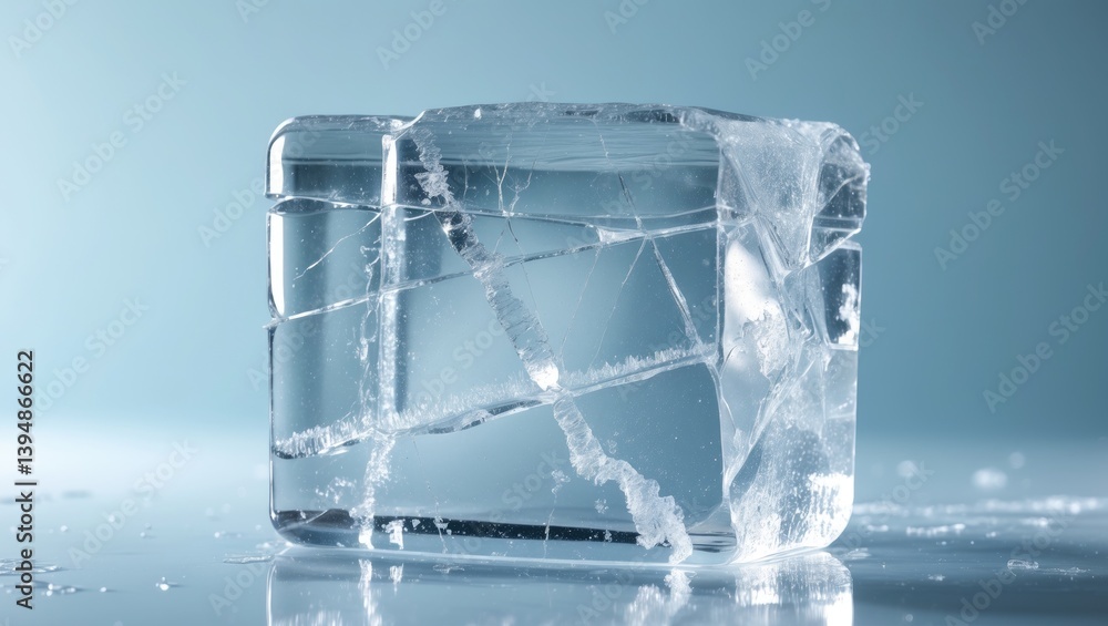 Poster Translucent frosty textured natural ice block featuring cracks on a gleaming reflective surface.