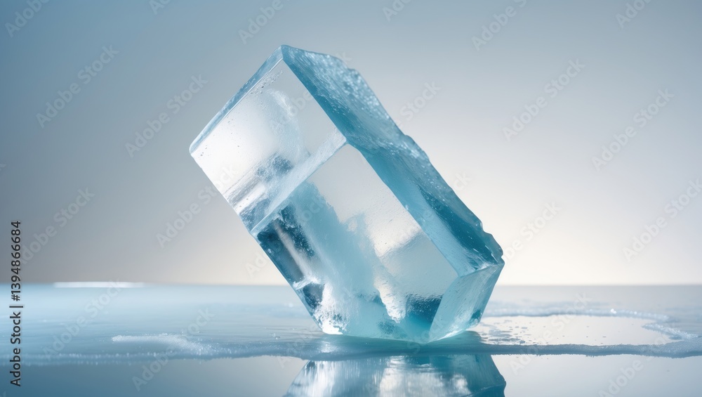 Poster Clear natural ice block on reflective surface. Clipping path provided.