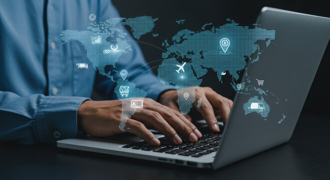 Global Business on Laptop: World Map, International Trade, Online Commerce, Digital Networking, Logistics & Supply Chain, Worldwide Connections.