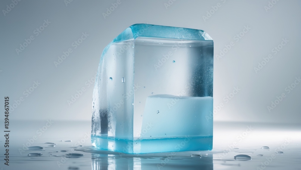 Poster Transparent ice block in soft blue tones resting on a reflective white surface.