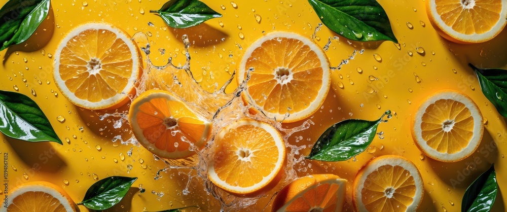 Poster creative composition of fresh sliced fruit accompanied by water splashing in the background.