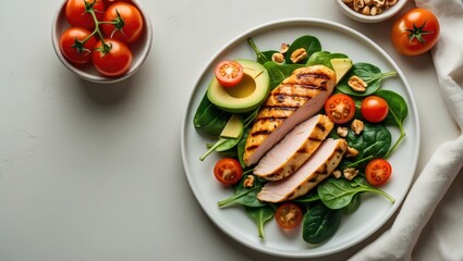 Chic Salad: Grilled Chicken Fillet with Fresh Tomatoes and Avocado. Healthy Eating, Diet Lunch Idea. Aerial View, Banner.