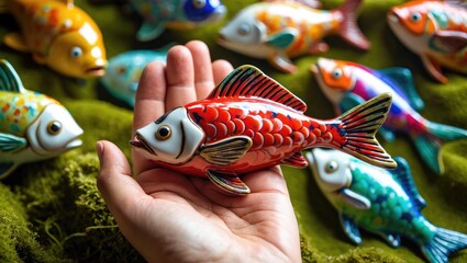 Handmade ceramic fish figures adorned with glossy finishes in an array of colors and patterns. A hand supports a fish, revealing intricate texture and design.