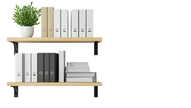 Wooden shelving unit with files and plant