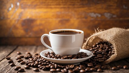 Cup filled with coffee and coffee beans on wooden backdrop